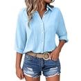 thumbnail image 1 of Wdfiry Three Quarter Sleeve Shirts for Womens Turn Down Collar Solid Casual Blouses Plus Size Dressy Comfy Button Down Shirts, 1 of 6