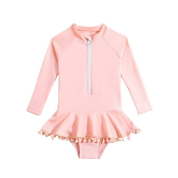 Ohufall Toddler Girls One Piece Swimsuit Fashion Solid Long Sleeve Zipper Bathing Suit Summer Skirted Modest Beach Swim Dress for Kids Girls, 1-6 Years