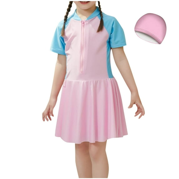 Ohufall Toddler Girls One-Piece Swimsuits Fashion Colorblock Short Sleeve Zipper Swimwear with Swim Cap Summer Quick-drying Bathing Suits for Girls, 2-11 Years