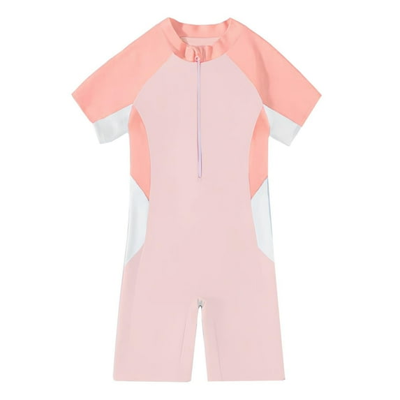 Ohufall Toddler Kids Boys Girls One-Piece Swimsuit Fashion Colorblock Short Sleeve Zipper Sweet Bathing Suits Summer Gym Sport Swimwear for Children, 3-16 Years