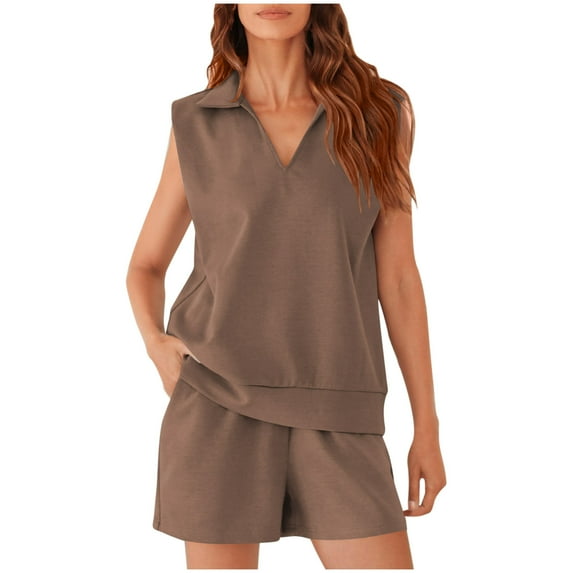 Ohufall Two-Piece Lounge Sets for Women Summer V Neck Sleeveless Top and Shorts Outfits Casual Solid Loungewear with Pockets