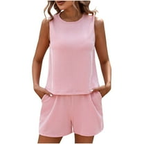 Wdfiry Two Piece Outfits Women,Women Fashion Casual Summer Solid Color Sleeveless O-Neck Tank Top And Shorts Set Loungewear