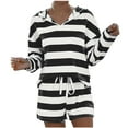 thumbnail image 1 of Wdfiry Two Piece Outfits for Women Hoodie Short Stripe Lounge Sets Drawstring Short Sleeve Sweatsuits Hooded Top and Shorts, 1 of 6