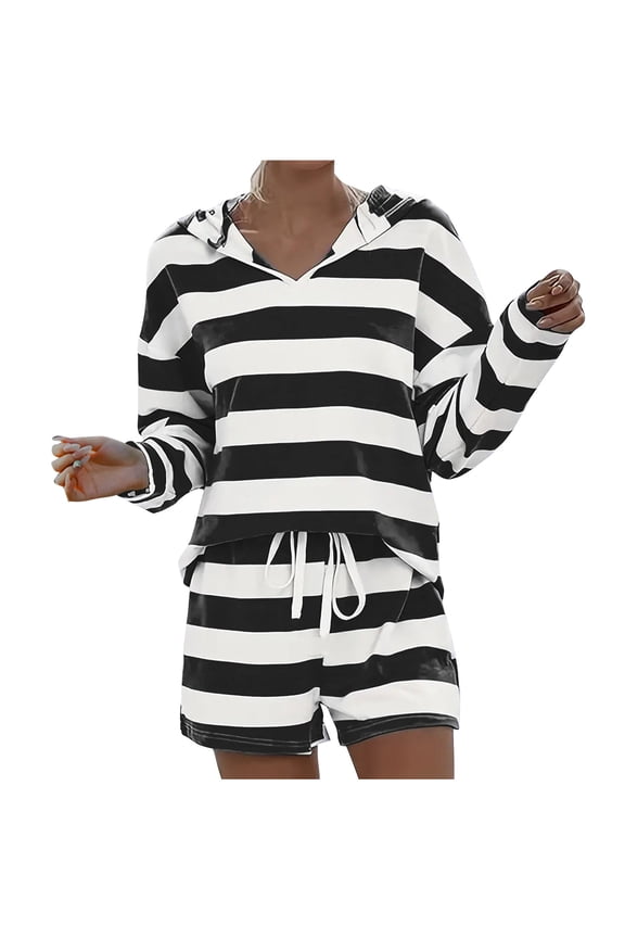 Two Piece Outfits for Women Hoodie Short Stripe Lounge Sets Drawstring Short Sleeve Sweatsuits Hooded Top and Shorts
