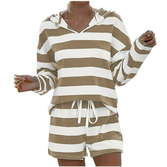 Wdfiry Two Piece Outfits for Women Hoodie Short Stripe Lounge Sets Drawstring Short Sleeve Sweatsuits Hooded Top and Shorts