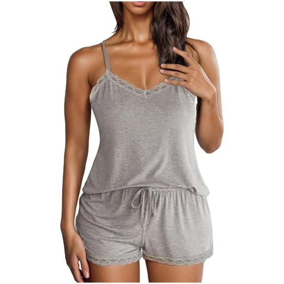 Ohufall Two Piece Pajamas Sets for Women Sexy Sleeveless Camisole Top with Ruffle Shorts Summer Comfortable Home Lounge Outfit Set
