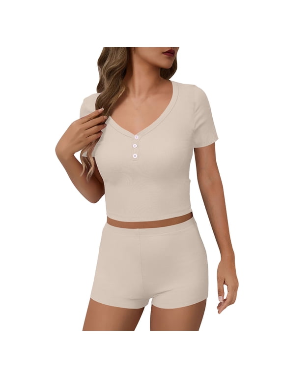 Wdfiry Two Piece Yoga Sets for Women Workout Outfits for Women 2 Piece Ribbed Seamless Short Sleeve Tops High Waist Yoga Short Leggings Sets