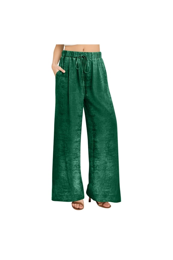 Velvet Pants for Women Elegant Solid Color Wide Leg Pants Stretchy High Waisted Velour Palazzo Pants