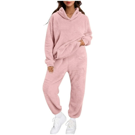 Wdfiry Women 2 Piece Sweatsuit Plus Size Solid Color Casual Set with Pockets Long Sleeve Hoodie Sweatshirts and Sweatpants Pullover Outfit Sets
