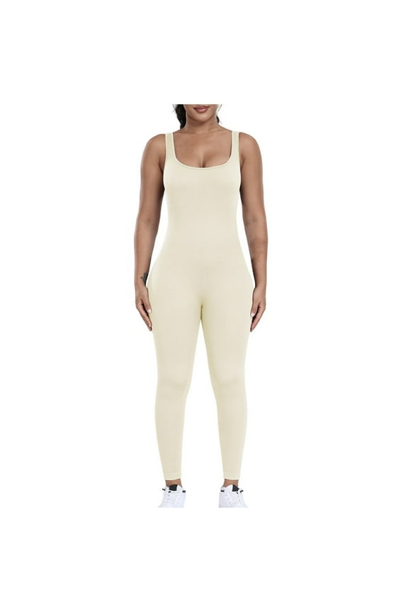 Women Athletic Jumpsuits Seamless Romper and Sleeveless Ribbed One-piece Square Neckline Unitard for Yoga Workout