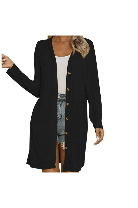 Women Cardigans Solid Color Long Sleeve Button Down Open Front Outerwear Casual Loose Long Fall Cardigan