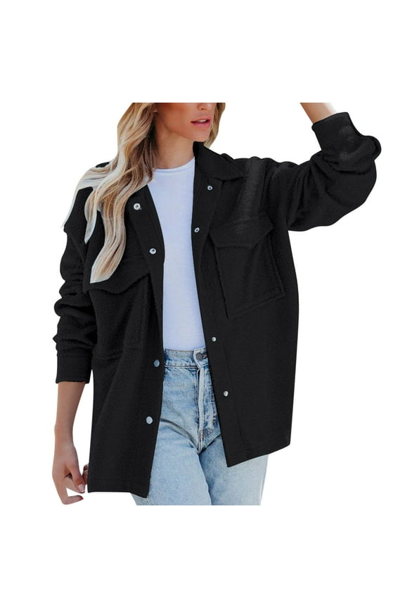 Women Casual Fall Long Sleeve Button down Solid Color Flannel Shacket Shirt Jackets Coats
