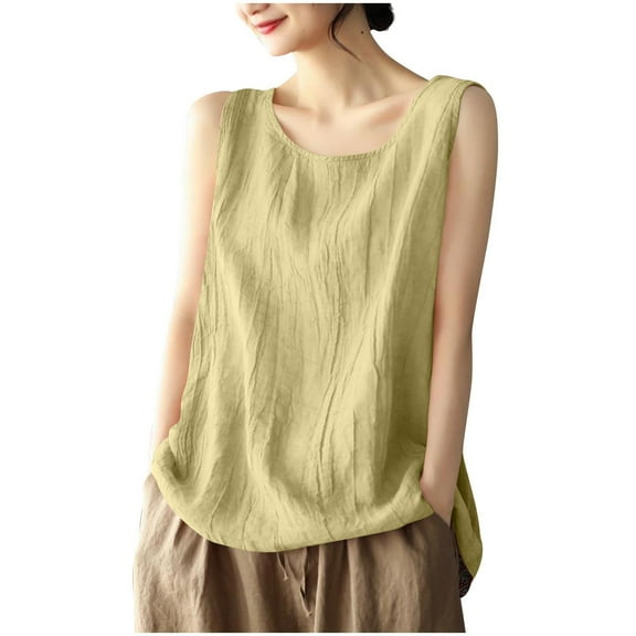 Ohufall Women Cotton Linen Tank Tops Fashion Casual Solid Color Round Neck Sleeveless Tees Summer Loose Fit Sleeveless Blouses
