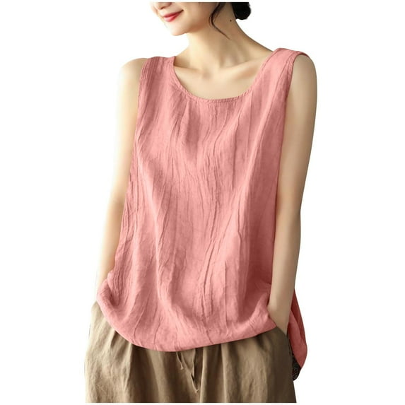 Ohufall Women Cotton Linen Tank Tops Fashion Casual Solid Color Round Neck Sleeveless Tees Summer Loose Fit Sleeveless Blouses
