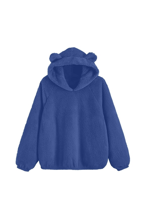 Women Cute Winter Hoodies Solid Color Sherpa Fluffy Pullover Sweatshirts Long Sleeve Cat Ear Plush Hooded Sweater Tops