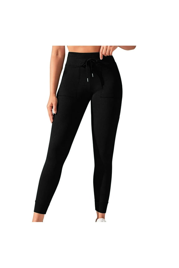 Women Leggings Solid Color Drawstring Exercise Yoga Pants With Pockets Casual Tight Workout Pants