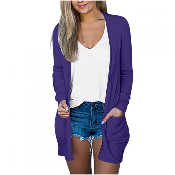 Wdfiry Women Lightweight Summer Cardigans Open Front Casual Solid Color Long Sleeve Knit Sweater Cover Up with Pockets