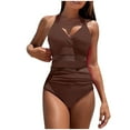 thumbnail image 1 of Ohufall Women One Piece Bathing Suits Push-up Mesh Tummy Control Swimwears Sexy Slim-fitting Solid V-Neck Halter Swimsuits, 1 of 5