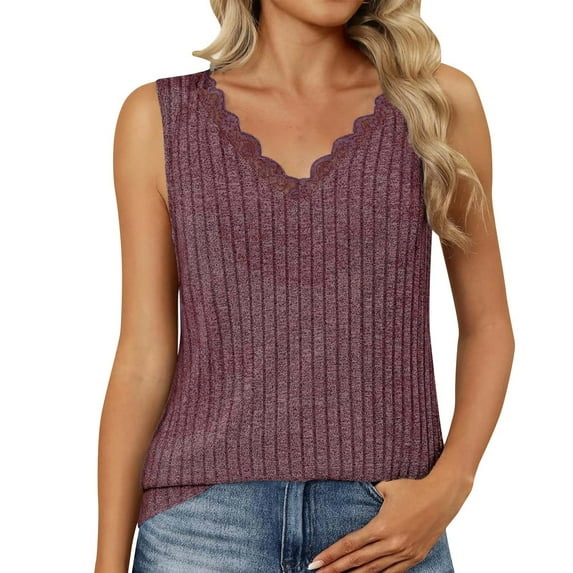 Ohufall Women Plus Size Ribbed Tank Tops Summer Fashion Casual Solid Color Lace V-neck Sleeveless T-shirt