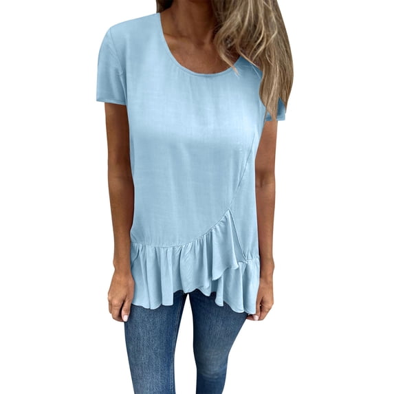 Wdfiry Women Plus Size T-shirt Summer Fashion Ruffled Hem Short Sleeve Tops Casual Solid Pullover Round-Neck Blouse Shirt