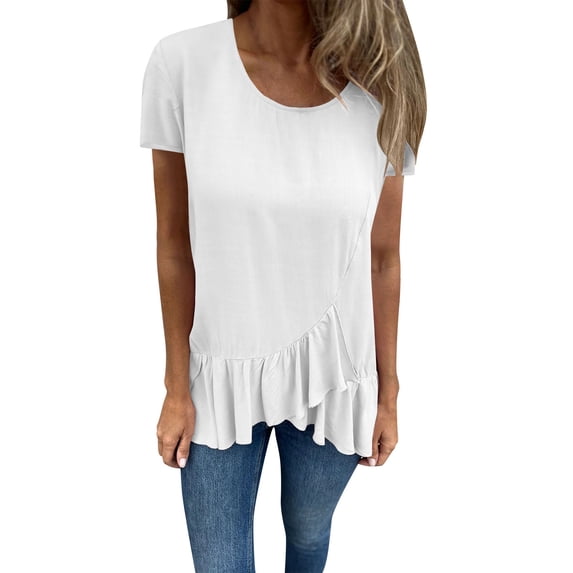 Wdfiry Women Plus Size T-shirt Summer Fashion Ruffled Hem Short Sleeve Tops Casual Solid Pullover Round-Neck Blouse Shirt