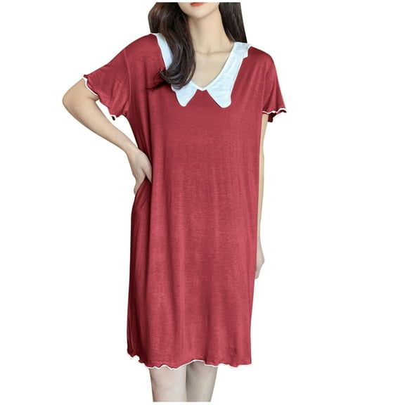 Wdfiry Women Soft Modal Nightgowns Loose Short Sleeve Ruffle Trim Loungewear Comfortable V Neck Homewear Nightdress