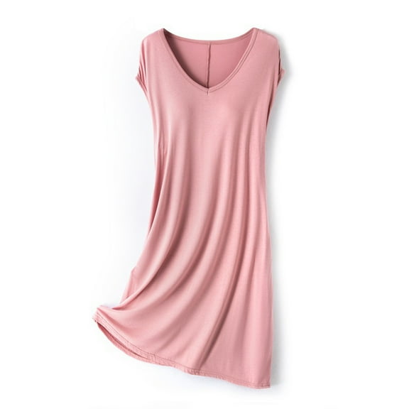 Wdfiry Women V Neck Pajama Dress Solid Color Sleeveless Tank Nightgowns Soft Modal Sleepshirt Casual Homewear Nightdress With Chest Cushion