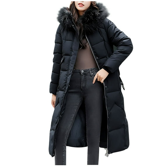 Wdfiry Women Winter Coat Thick Warm Zipper Hooded Slim Down Jacket Coat Solid Color Plus Size Long Overcoat with Pockets