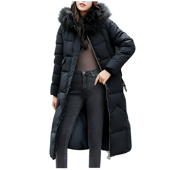 Wdfiry Women Winter Coat Thick Warm Zipper Hooded Slim Down Jacket Coat Solid Color Plus Size Long Overcoat with Pockets