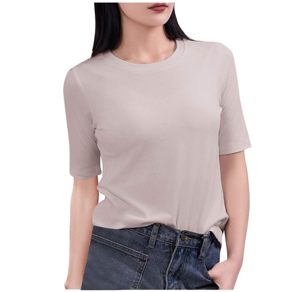 Ohufall Women's 1/2 Sleeve T-shirts Fashion Casual Solid Color Pullover Short Sleeve Round Neck Blouses Summer Stretchy Loose Fit Home Tee Tops