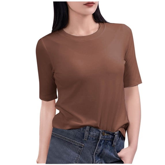 Ohufall Women's 1/2 Sleeve T-shirts Fashion Casual Solid Color Pullover Short Sleeve Round Neck Blouses Summer Stretchy Loose Fit Home Tee Tops