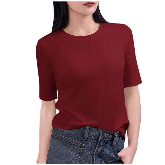 Ohufall Women's 1/2 Sleeve T-shirts Fashion Casual Solid Color Pullover Short Sleeve Round Neck Blouses Summer Stretchy Loose Fit Home Tee Tops