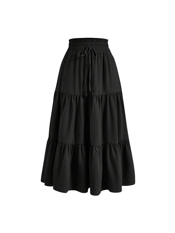 Women's Boho Maxi Skirts Summer Fashion Casual Drawstring Elastic High Waist Long Skirt Solid Color Flowy A Line Ruffle Swing Skirt