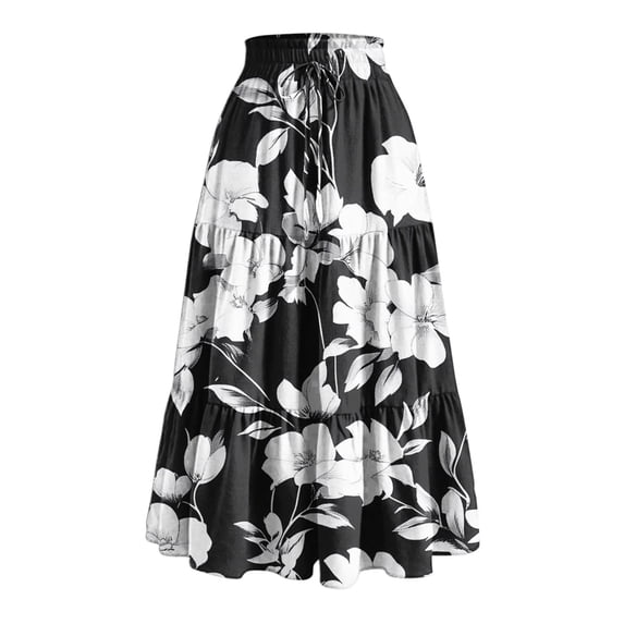 Wdfiry Women's Boho Maxi Skirts Summer Fashion Casual Drawstring Elastic High Waist Long Skirt Solid Color Flowy A Line Ruffle Swing Skirt