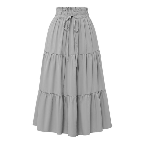 Wdfiry Women's Boho Maxi Skirts Summer Fashion Casual Drawstring Elastic High Waist Long Skirt Solid Color Flowy A Line Ruffle Swing Skirt
