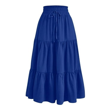 Wdfiry Women's Boho Maxi Skirts Summer Fashion Casual Drawstring Elastic High Waist Long Skirt Solid Color Flowy A Line Ruffle Swing Skirt