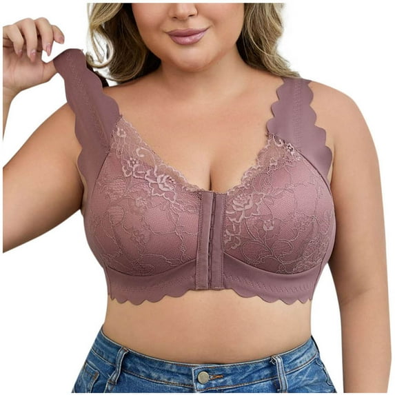 Wdfiry Women's Bras Plus Size Front Closure Seamless Underwear Wireless Lace Floral Push Up Full Coverage Bras