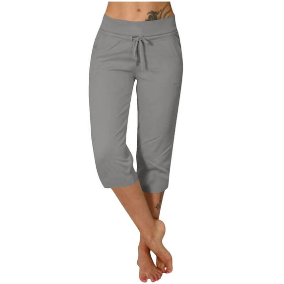 Ohufall Women's Capri Pants Loose Soft Drawstring Workout Sweatpants Outdoor Athletic Causal Yoga Pants With Pockets