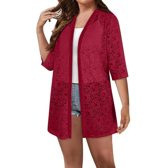 Wdfiry Women's Cardigan Solid Color Casual Lace Patchwork Cardigan Loose Comfortable 3/4 Sleeves Mid-length Cardigan
