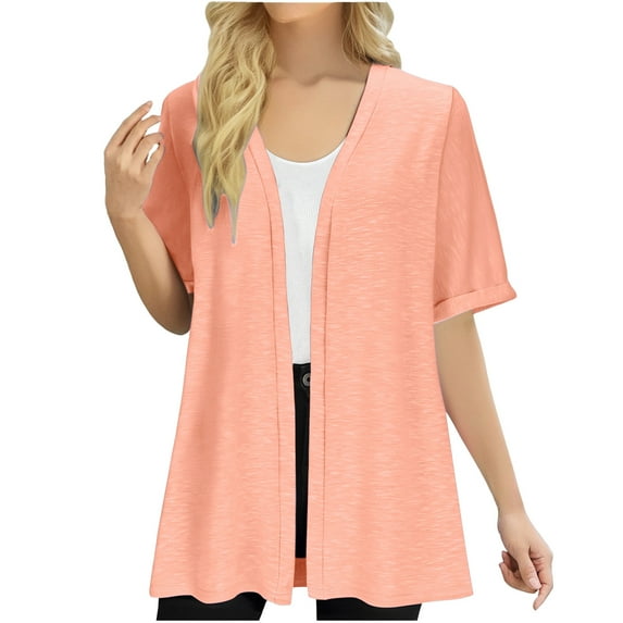 Wdfiry Women's Cardigan Solid Color Casual Short Sleeves Outerwear Loose Comfortable Mid-length Cardigan