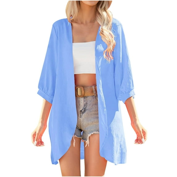Wdfiry Women's Cardigan Solid Color Trendy 3/4 Sleeve Outerwear Casual Loose Open Front Long Cardigan