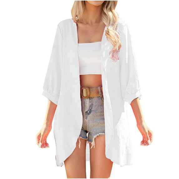 Wdfiry Women's Cardigan Solid Color Trendy 3/4 Sleeve Outerwear Casual Loose Open Front Long Cardigan