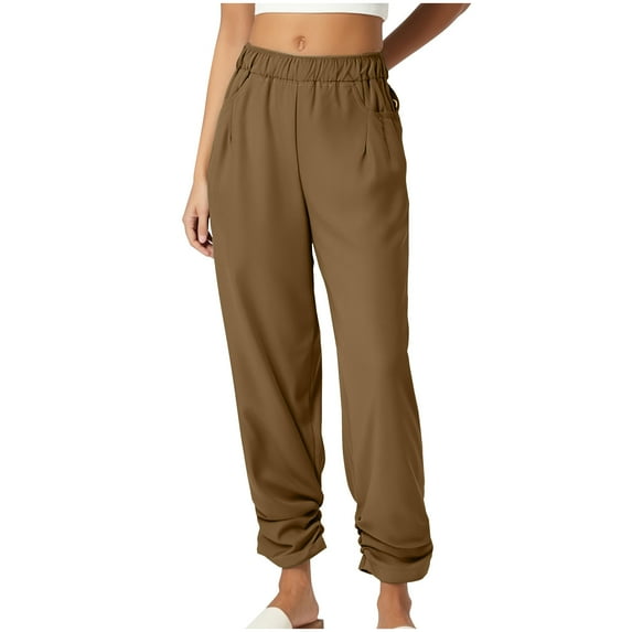Ohufall Women's Casual Pants Fashion Solid Color Pleated Elastic Waist Cotton Linen Pants Lightweight Comfort Straight Trousers