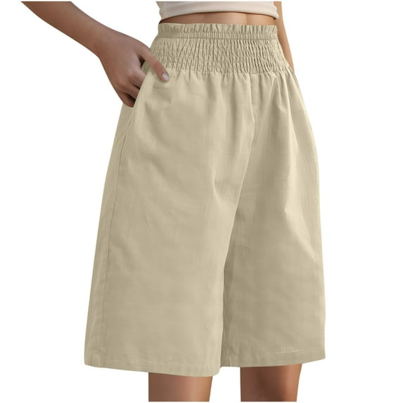 Wdfiry Women's Cotton And Linen Short Pants Summer Casual Plus Size High Waist Shorts Solid Color Wide Leg Pants with Pockets