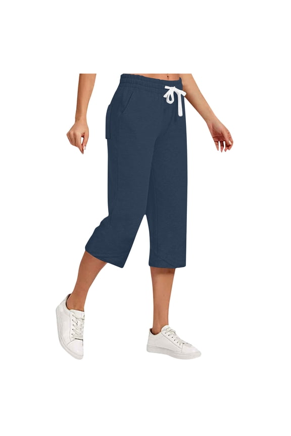 Women's Cotton Linen Capri Pants Solid Drawstring Elastic Waist Capris Plus Size Casual Versatile Loose Cropped Pants