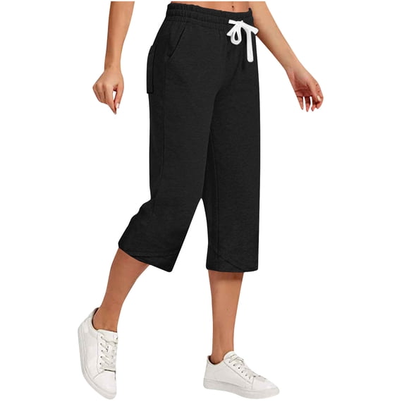 Ohufall Women's Cotton Linen Capri Pants Solid Drawstring Elastic Waist Capris Plus Size Casual Versatile Loose Cropped Pants