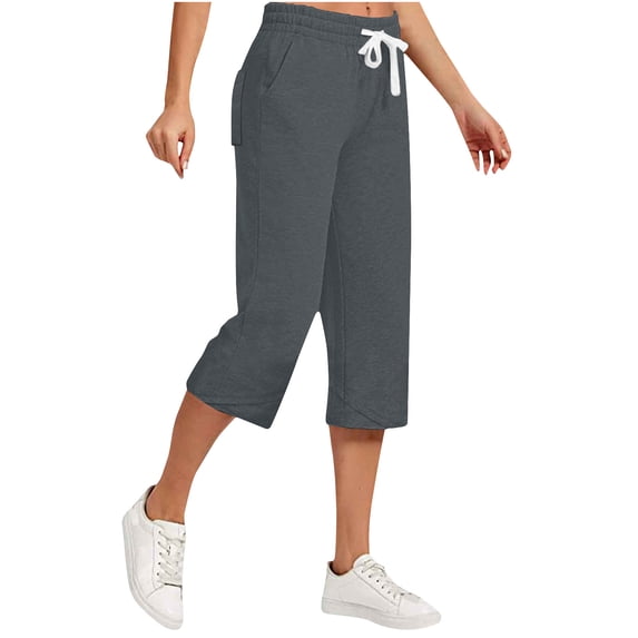 Ohufall Women's Cotton Linen Capri Pants Solid Drawstring Elastic Waist Capris Plus Size Casual Versatile Loose Cropped Pants
