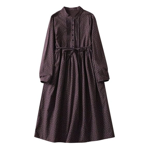 Wdfiry Women's Cotton Linen Dress Belted Button Long Sleeve Dress Printing Pleated Casual Midi Dresses