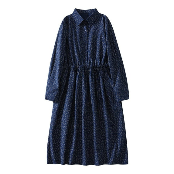 Wdfiry Women's Cotton Linen Dress Belted Button Long Sleeve Dress Printing Pleated Casual Midi Dresses