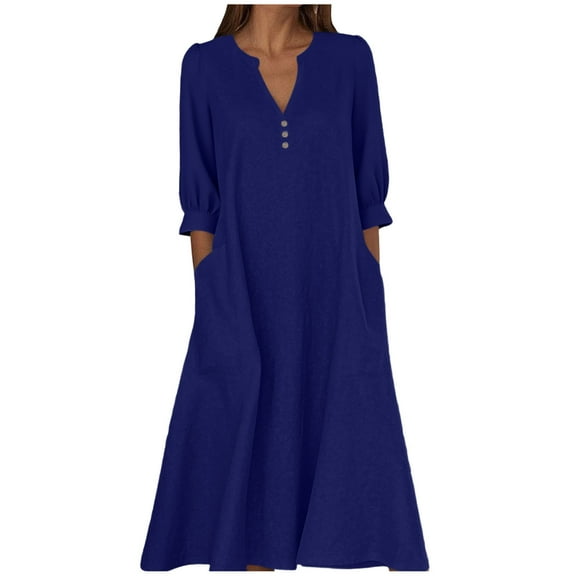 Wdfiry Women's Cotton Linen Dress Solid Color Notched Neck Puff Sleeve Dress Plus Size Loose 3/4 Sleeve Midi Dresses